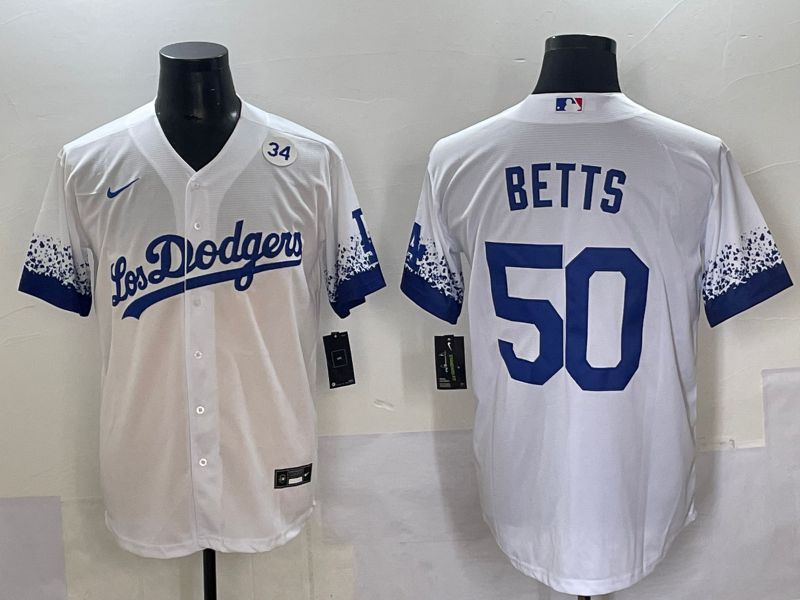 Men Los Angeles Dodgers #50 Betts White blue City Edition Nike MLB Jersey style 7